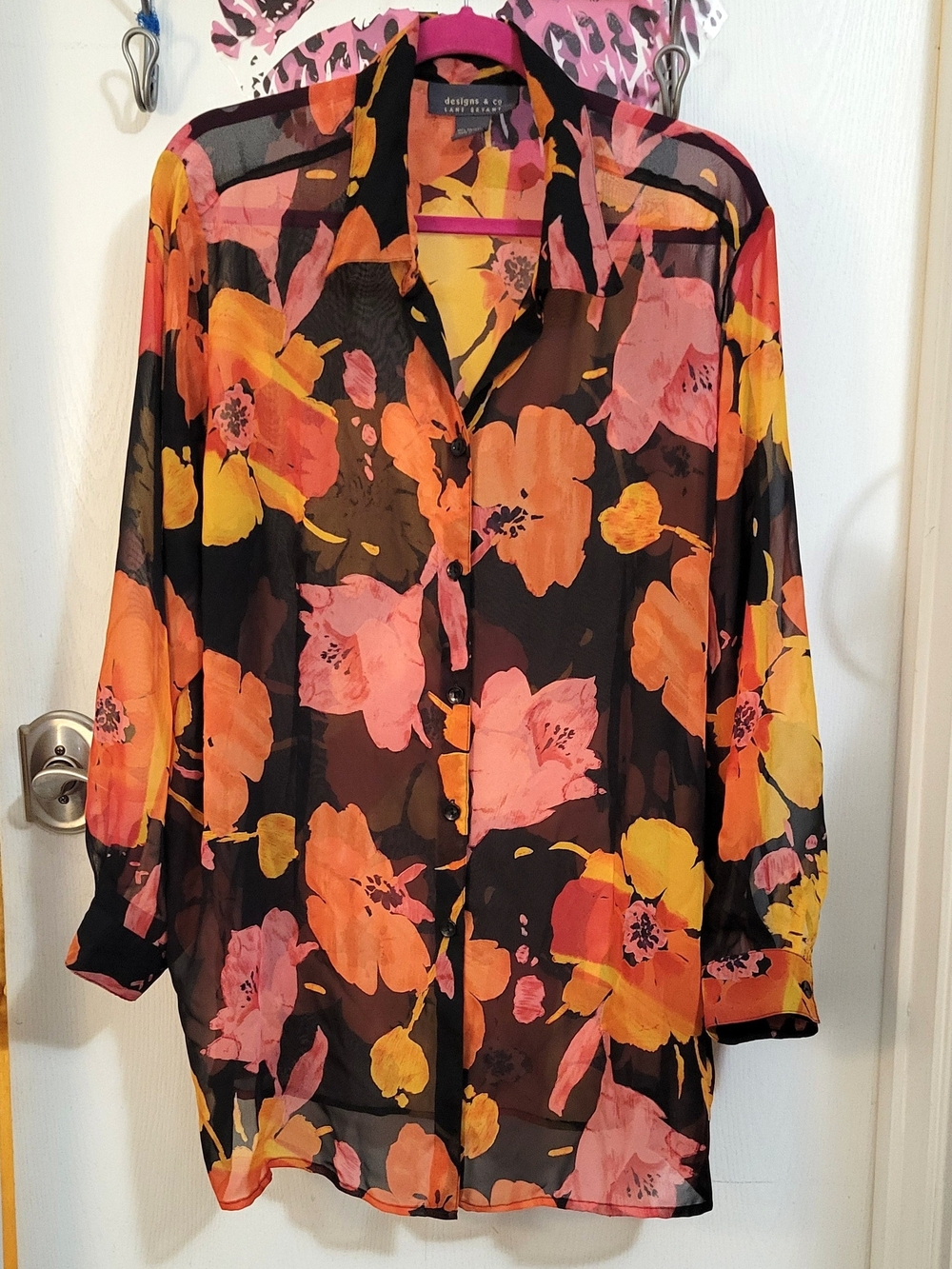 designs & co. Sheer Black Blouse with Pink, Coral, and Yellow Floral Print